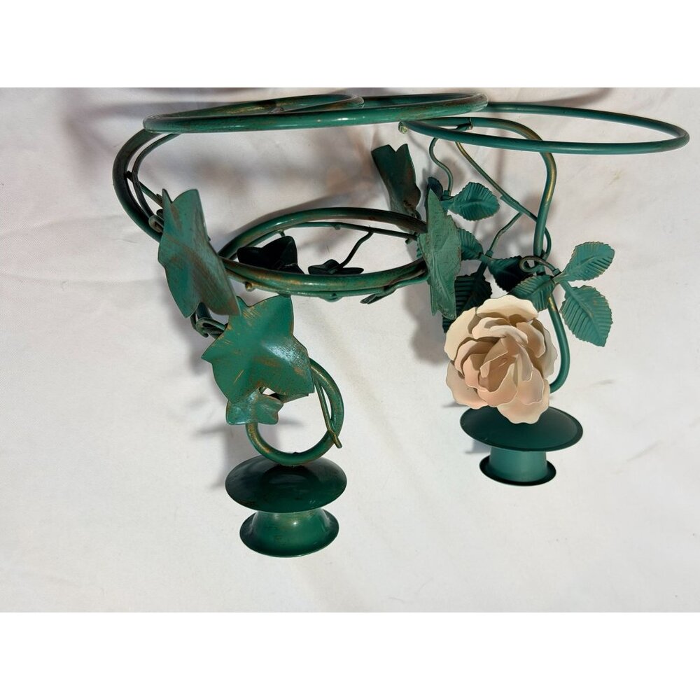 Vintage Metal Wall-Mount Candle Holders With Ivy & Rose Design Distressed Green